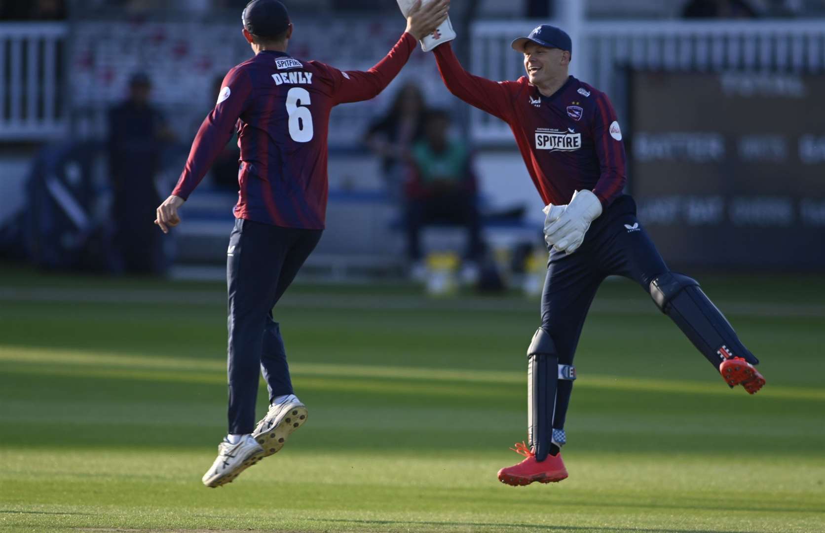 Joe Denly and Sam Billings celebrate another wicket in their campaign-opening T20 Blast win over Gloucestershire. Picture: Barry Goodwin
