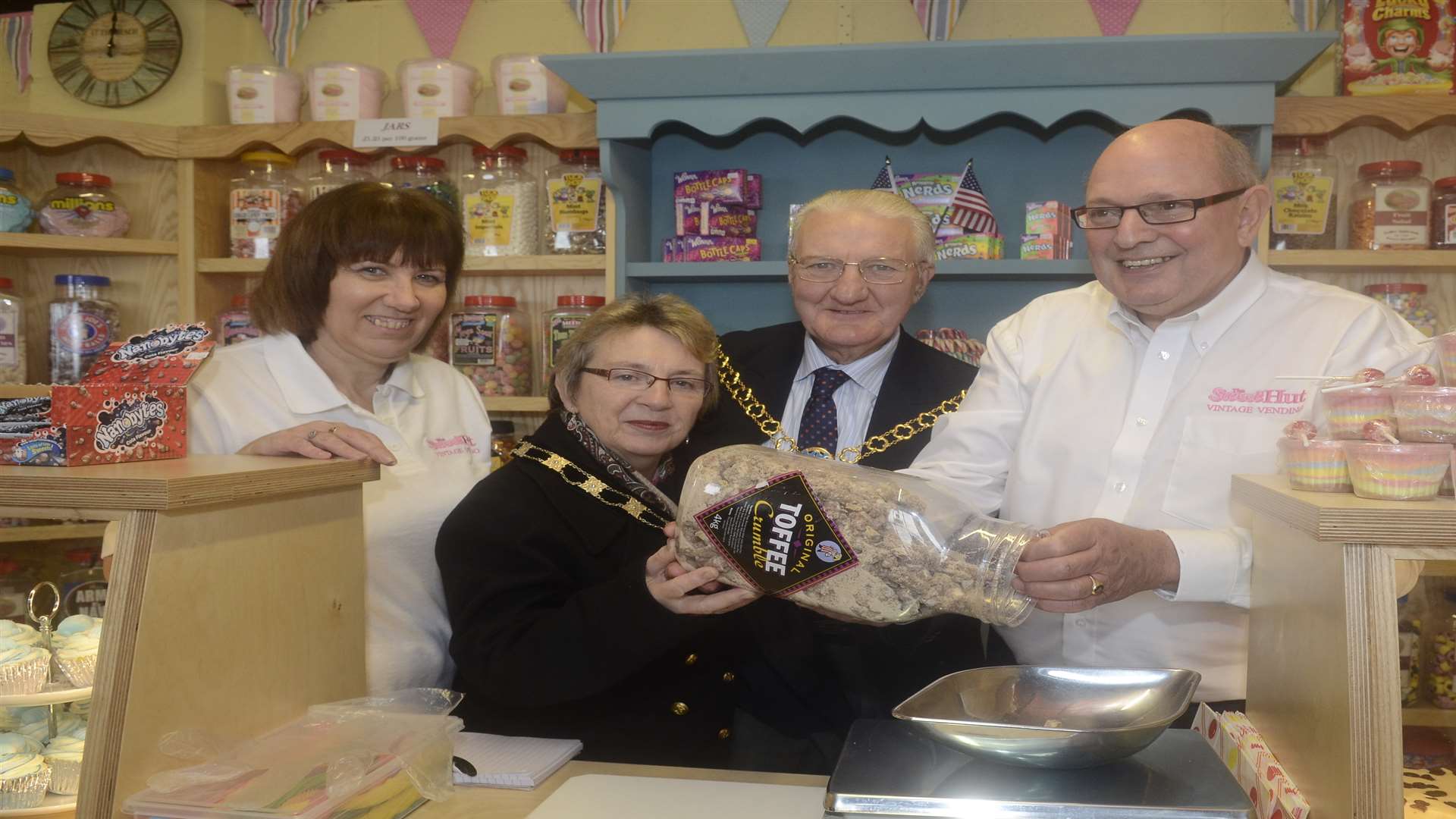 Nina and Richard Weeks with Lady Mayoress Brenda Bobbin and Mayor Cllr George Bobbin at the opening of The Sweet Hut on The Leas, Minster