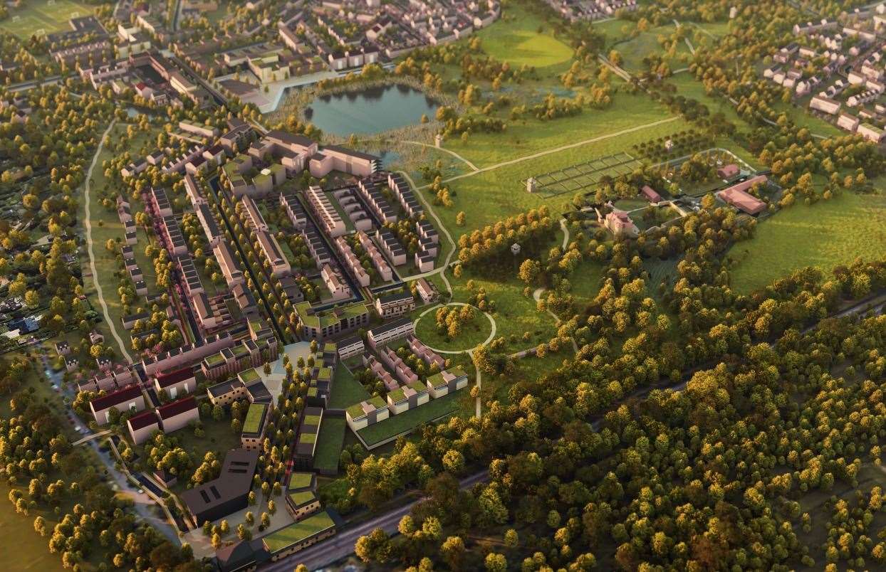 Early drafts of how the first phase of the Otterpool Park garden town south of the M20 at Westenhanger could look. Picture: Otterpool Park LLP