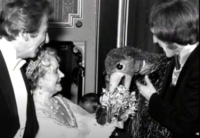 Rod Hull and Emu made headlines after Emu grabbed the Queen Mother's bouquet backstage at the London Palladium after the 1972 Royal Variety Performance. Picture: Rod Hull: A Bird in the Hand/Channel 4
