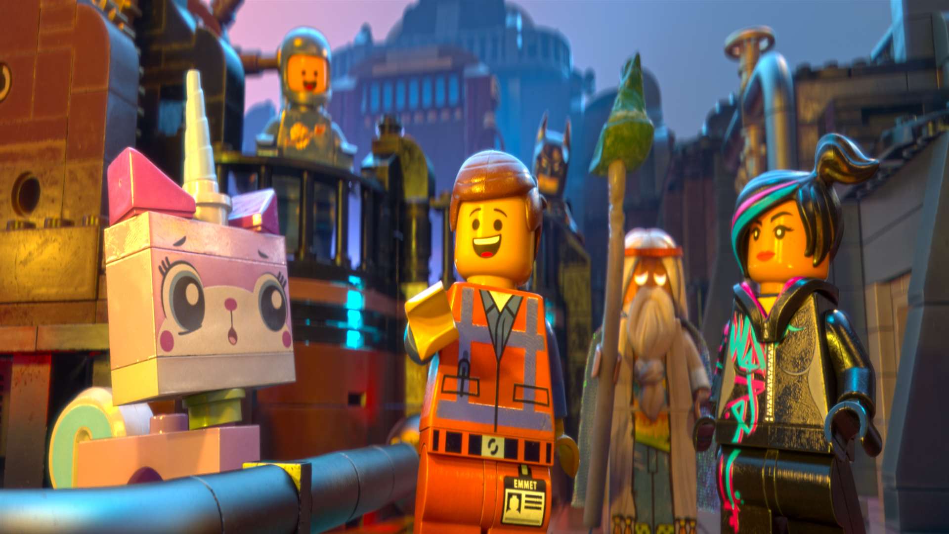 Unikitty (Alison Brie), Benny (Charlie Day), Emmet (Chris Pratt), Batman (Will Arnett), Vitruvius (Morgan Freeman) and Wyldstyle (Elizabeth Banks), in The Lego Movie. Picture: PA Photo/Warner Brothers Pictures