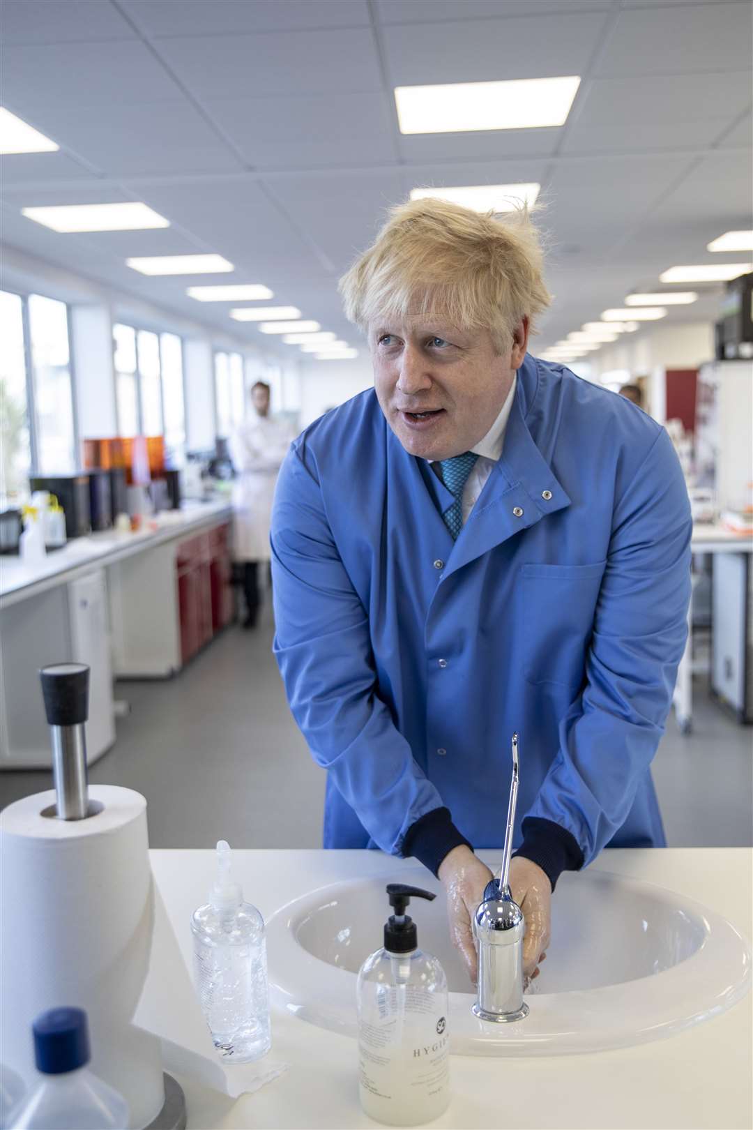 Prime Minister Boris Johnson during a visit to the Mologic Laboratory in Bedfordshire (Jack Hill/The Times/PA)