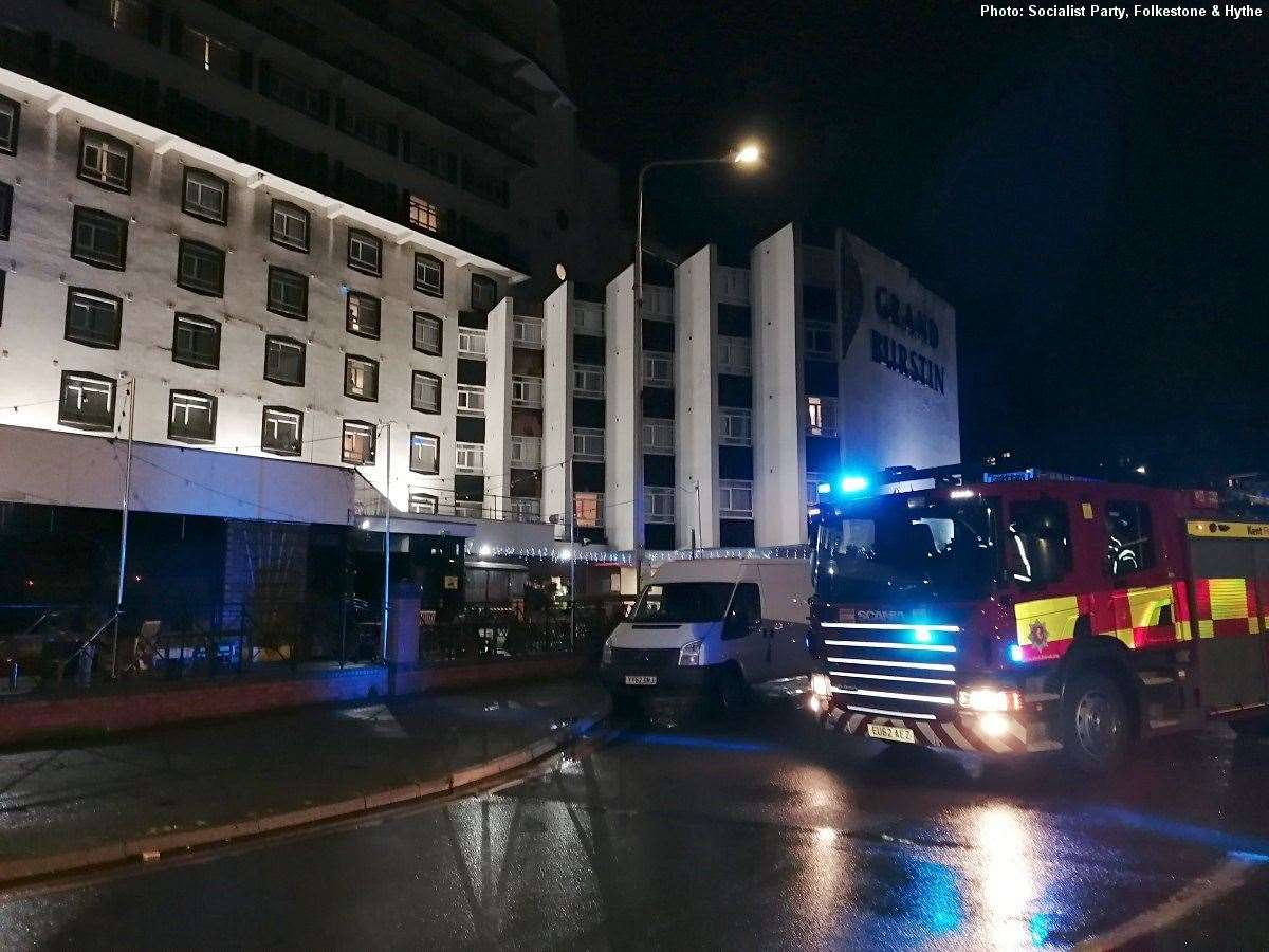 Emergency services outside the Grand Burstin Hotel in Folkestone after part of its fascia collapsed into the street. Picture: Socialist Party, Folkestone and Hythe