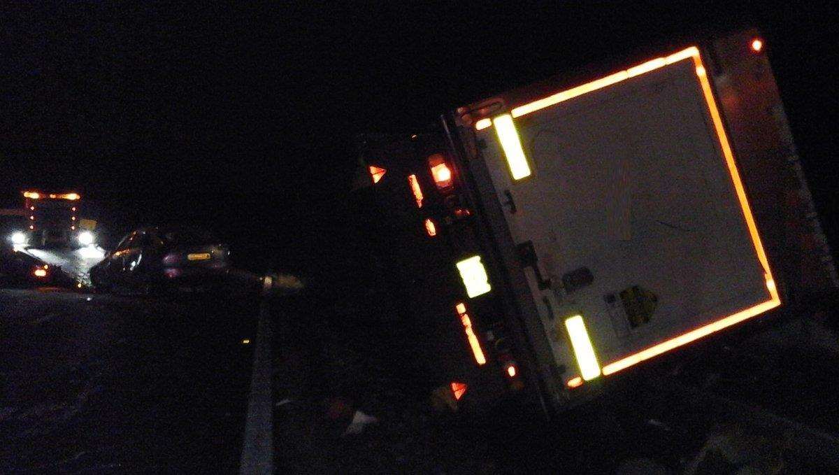 The lorry overturned and ended up resting on the central reservation. Picture: Highways England