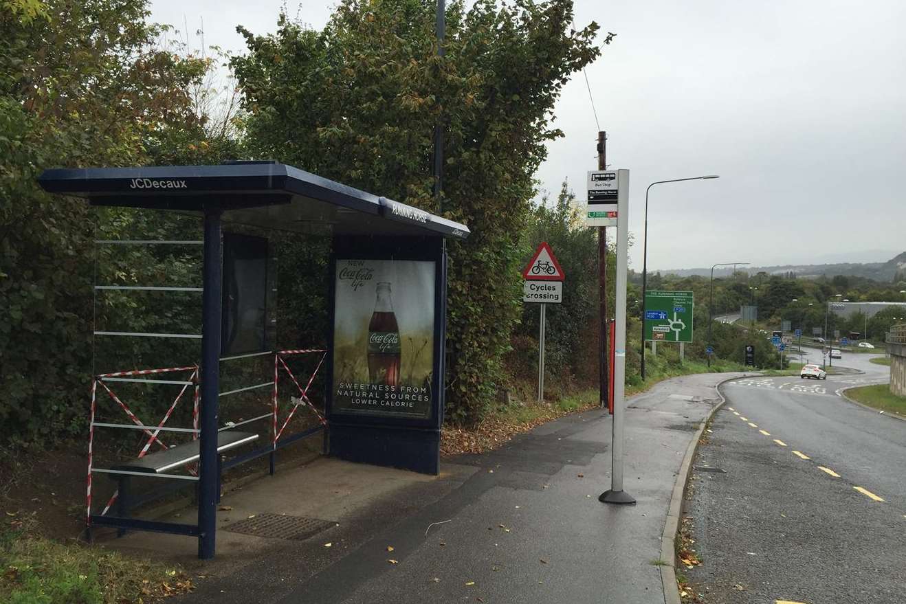 A bus stop on the carriageway approaching the Running Horse Roundabout, in Maidstone, was damaged.