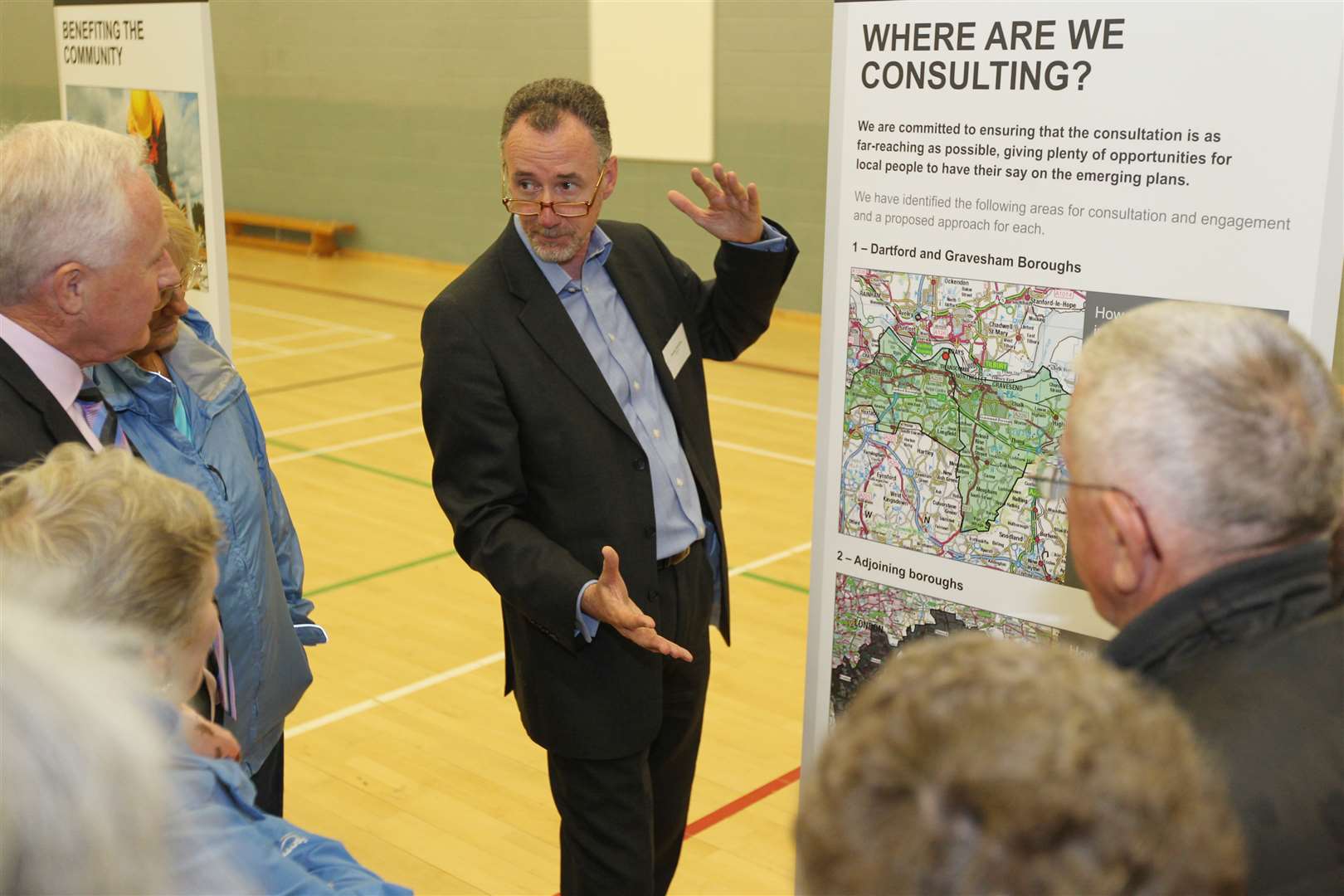 Former London Resort Company Holdings director Fenlon Dunphy talks to visitors at the first consultation about the Paramount resort