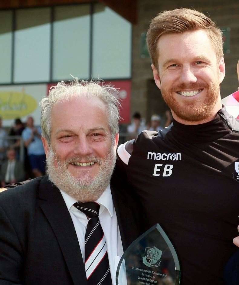 Dartford co-chairman Steve Irving, pictured with former skipper Elliot Bradbrook, wants a manager with National League South experience. Picture: Phil Lee