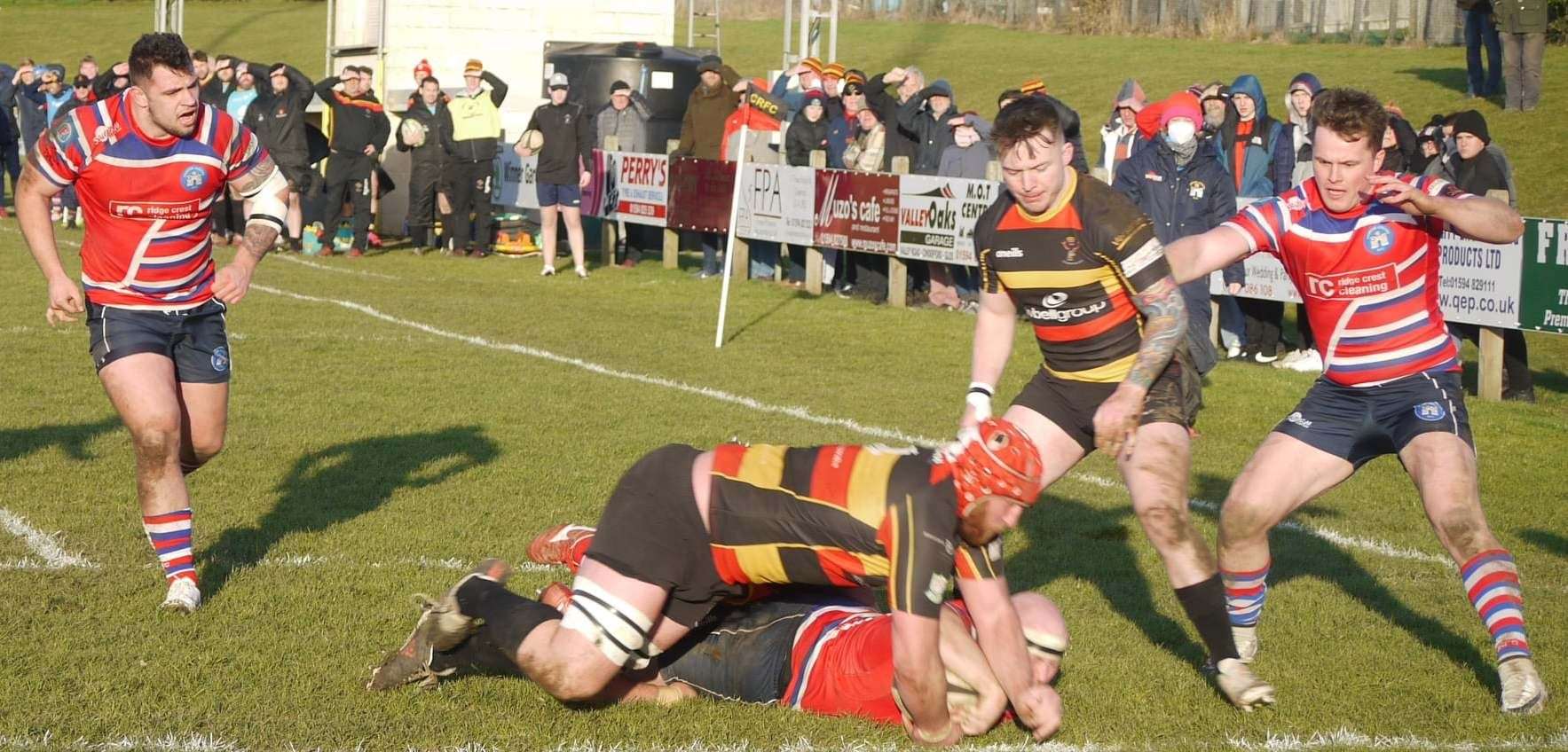 Bobby Bratton, Luke Boon and Hugo Watson in action against Cinderford