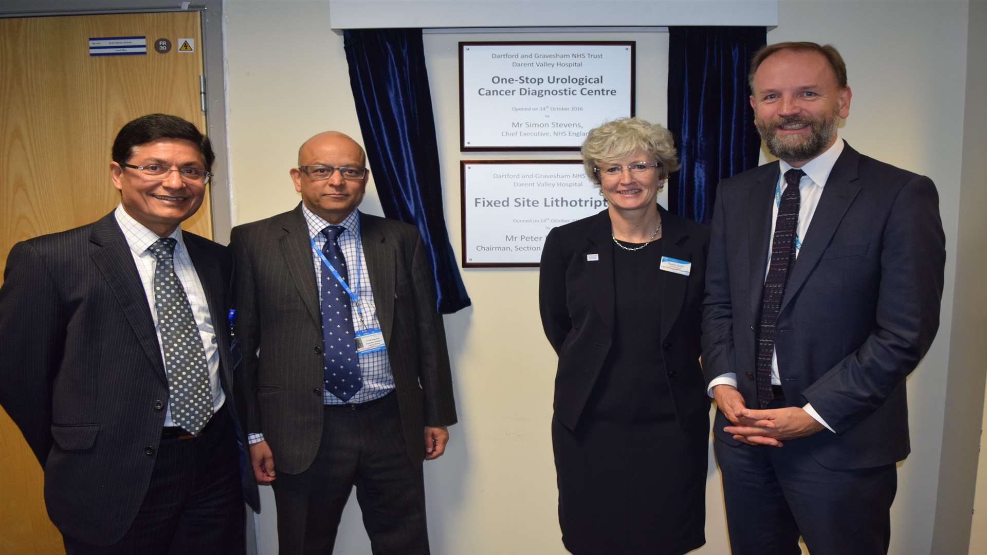 The unveiling of the new centre. Professor Sanjeev Madaan, lead cancer surgeon for Dartford and Gravesham NHS Trust, director of the centre professor Sri Sriprasad, chief executive of the hospital Susan Acott and Simon Stevens, head of NHS England.