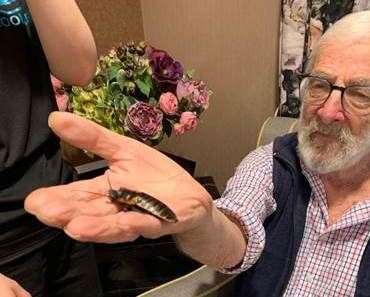 Resident Douglas Stanton holding a hissing cockroach