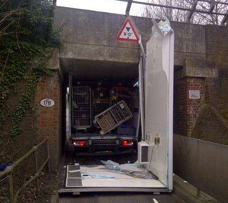 Lorry stuck under a bridge in Scott Avenue, Rainham. Picture by Andy Ray