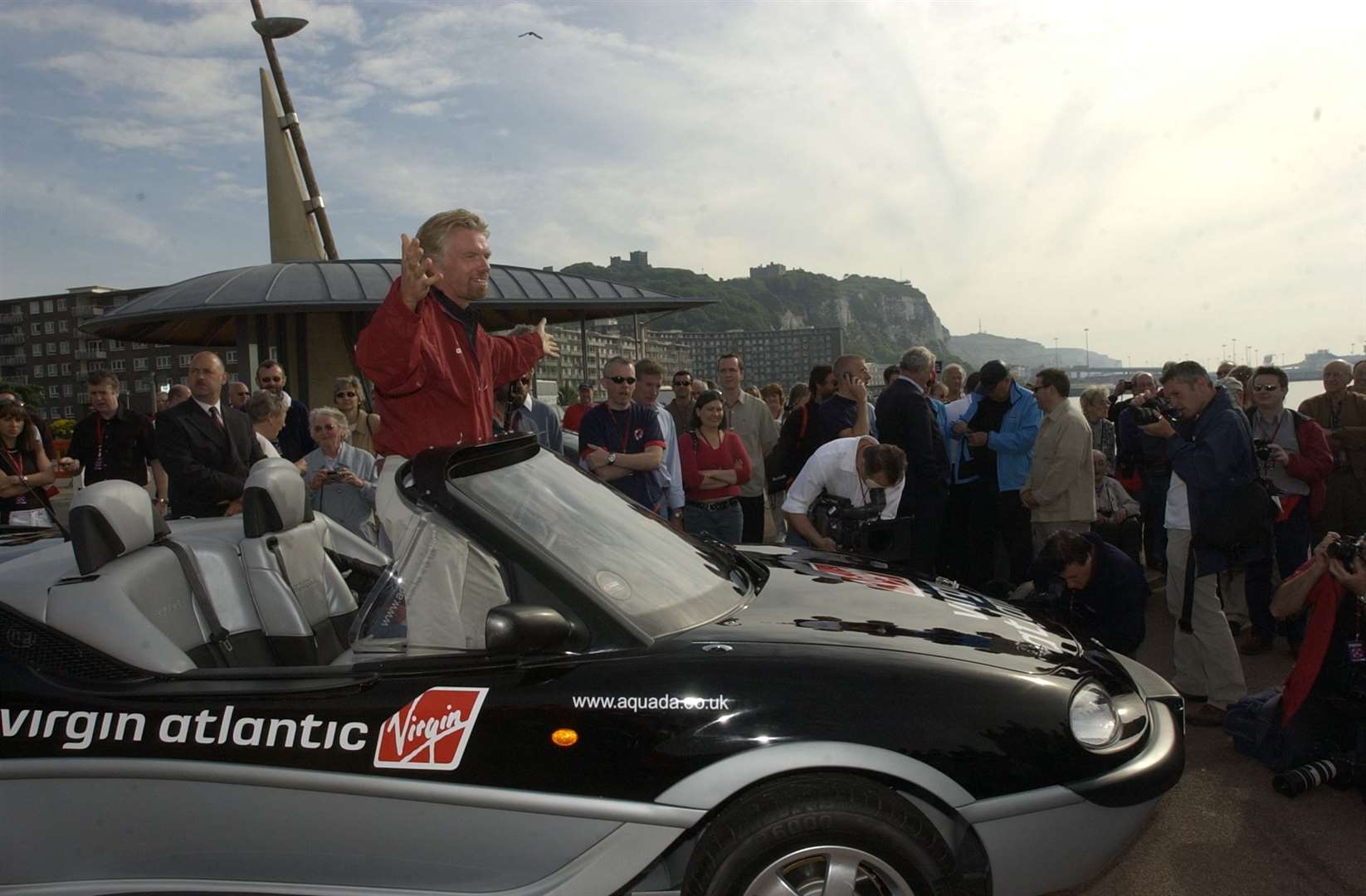 Richard Branson gets behind the wheel of his amphibious car