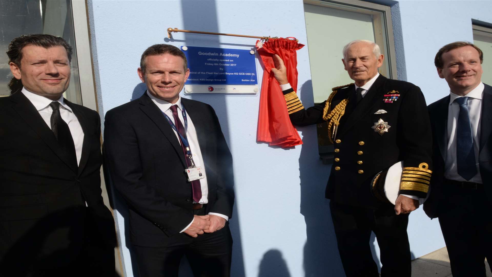 Former chief executive Ellias Achilleos, principal Simon Smith, Admiral The Lord Boyce and MP Charlie Elphicke at school opening in October 2017.