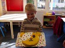 Jack Crowther with the Pudsey cake he made with his mum