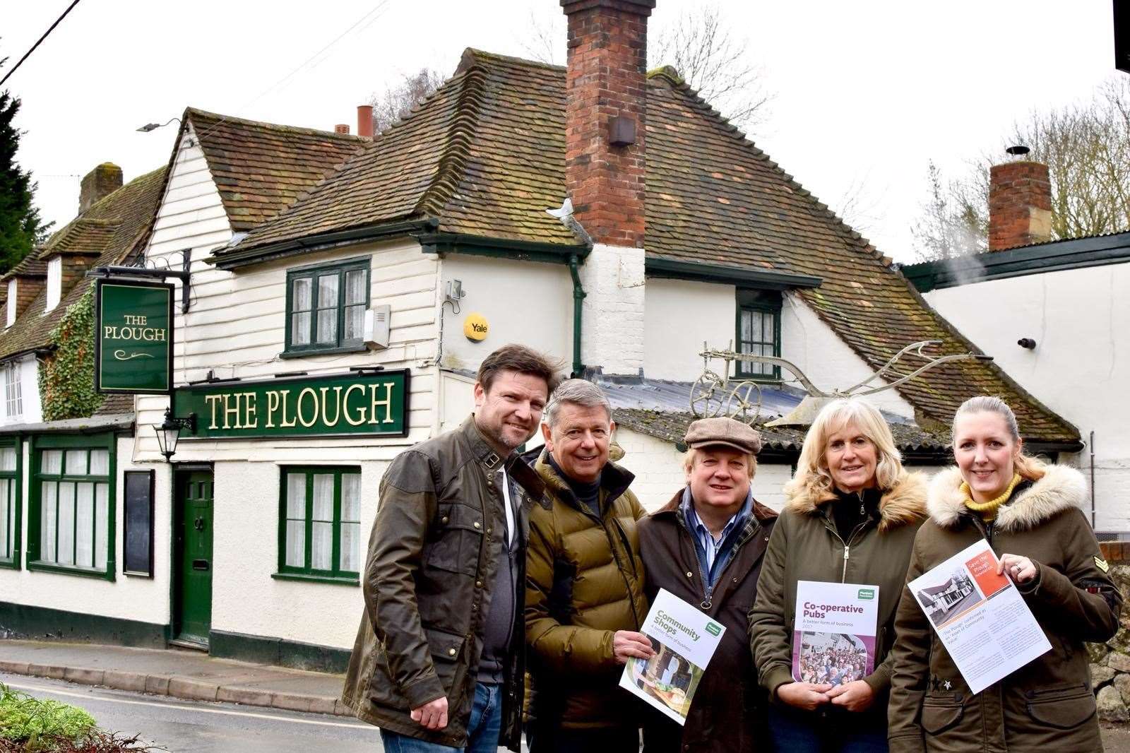 Oliver Shaw, Ian Mills, Jeremy Comber, Alison Prountzos and Laura Piggott outside The Plough in Trottiscliffe