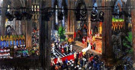 The Marriage of HRH Prince William of Wales KG with Miss Catherine Middleton, Westminster Abbey. Oil on paper.