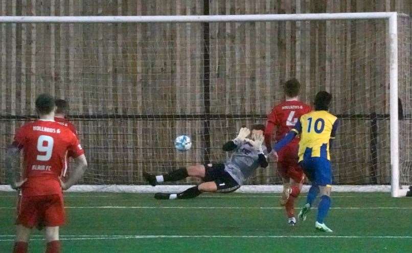 Blair goalkeeper Dan Ellis saves Stansfeld’s penalty last Saturday Picture: John Anderson @corkyboy@gmail.com