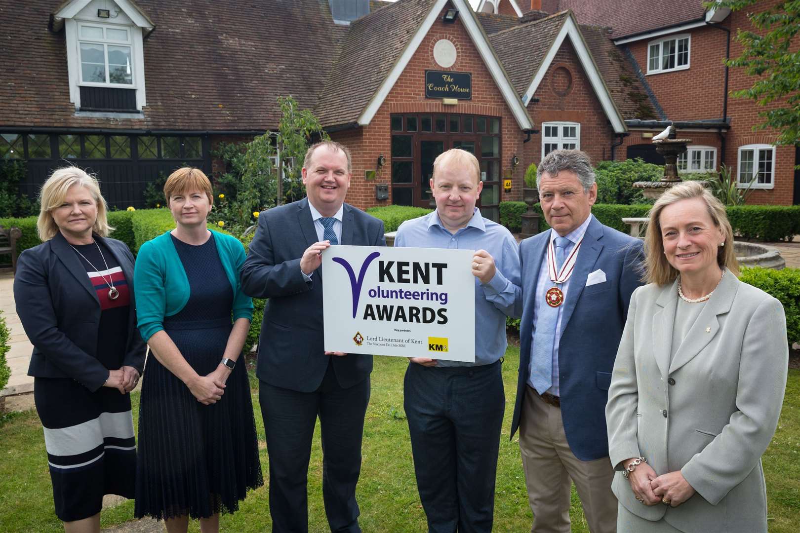 Kent Volunteering Awards judges Julie Maddocks of Maidstone Borough Council, Lauren Manning of the EKC Group, Rob Phillips of the office of the Kent police and crime commissioner, Robert Crook of Pfizer, Deputy Lord Lieutenant of Kent Paul Auston and KM Group chairman Geraldine Allinson