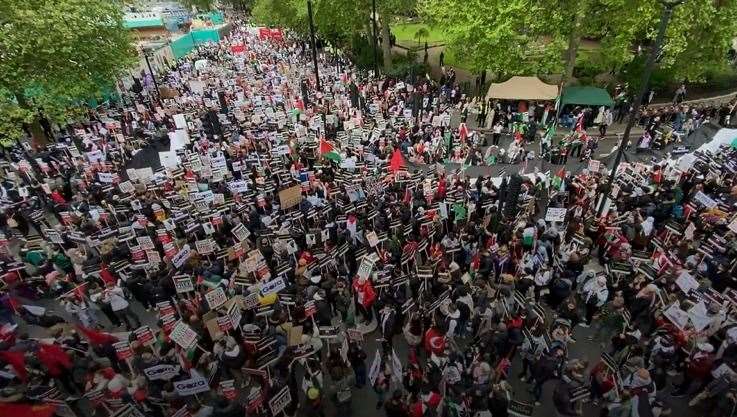 An estimated 180,000 people gathered in London to protest in support of Palestine during violence with Israel in the past couple of weeks. Picture: PA