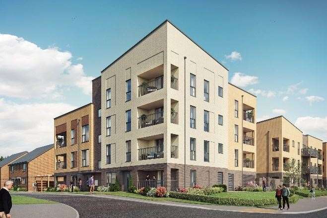 Computer-generated images of apartment buildings at Ebbsfleet Cross at Garden City Picture: EDC