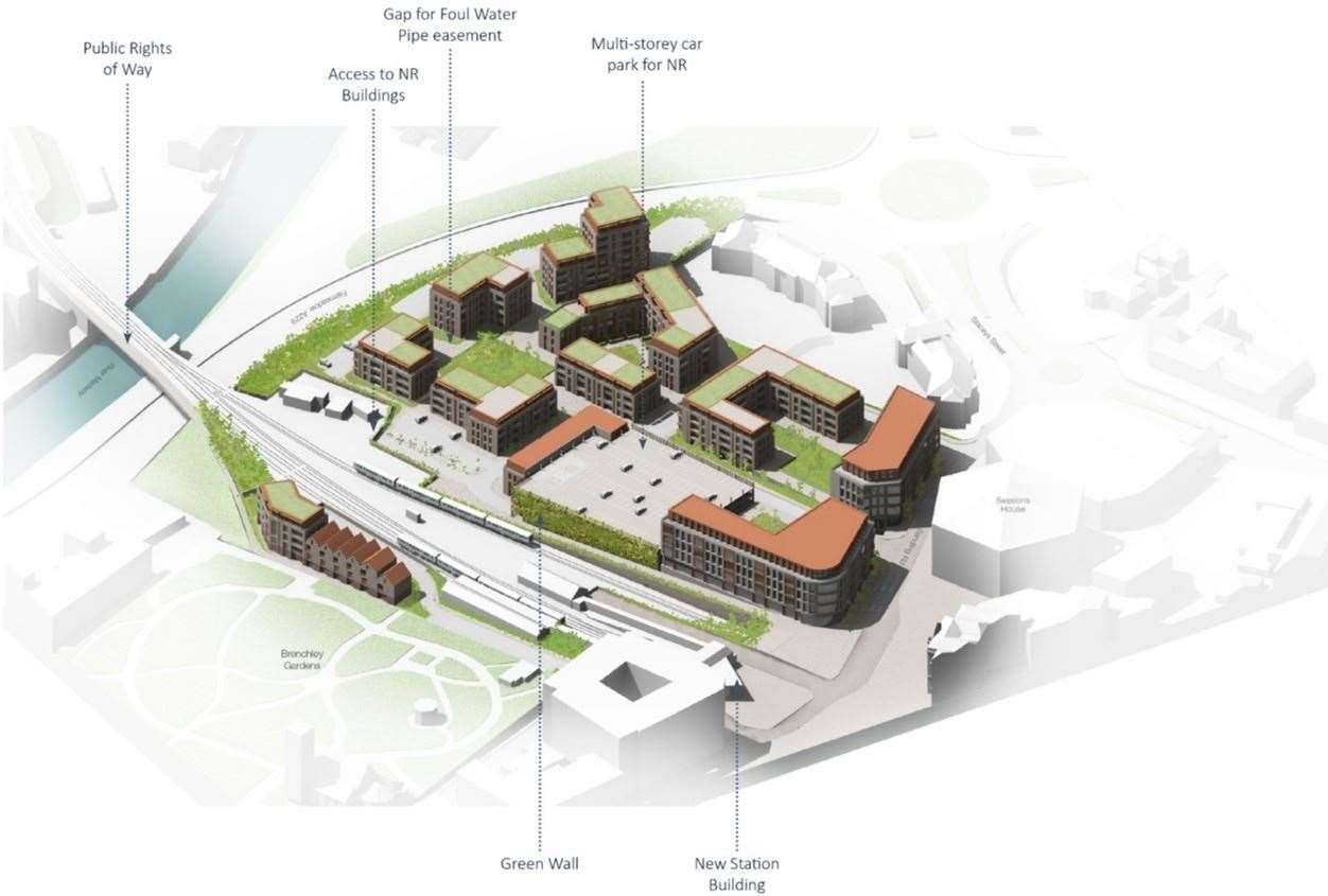 Maidstone Borough Council’s vision for homes, offices and a health centre around Maidstone East and inset, the former sorting office site Graphic provided by Maidstone Council
