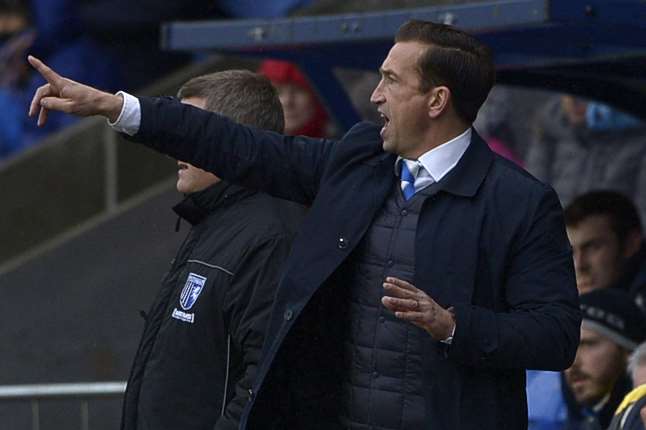 Gills boss Justin Edinburgh gets his point across on Saturday Picture: Barry Goodwin