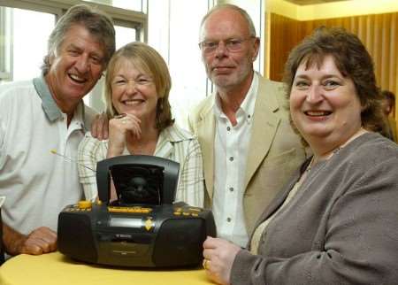 British Wireless for the Blind Fund chief executive Margaret Grainger, right, with broadcasters, from left, Ed Stewart, Sue Cook and Bob Harris