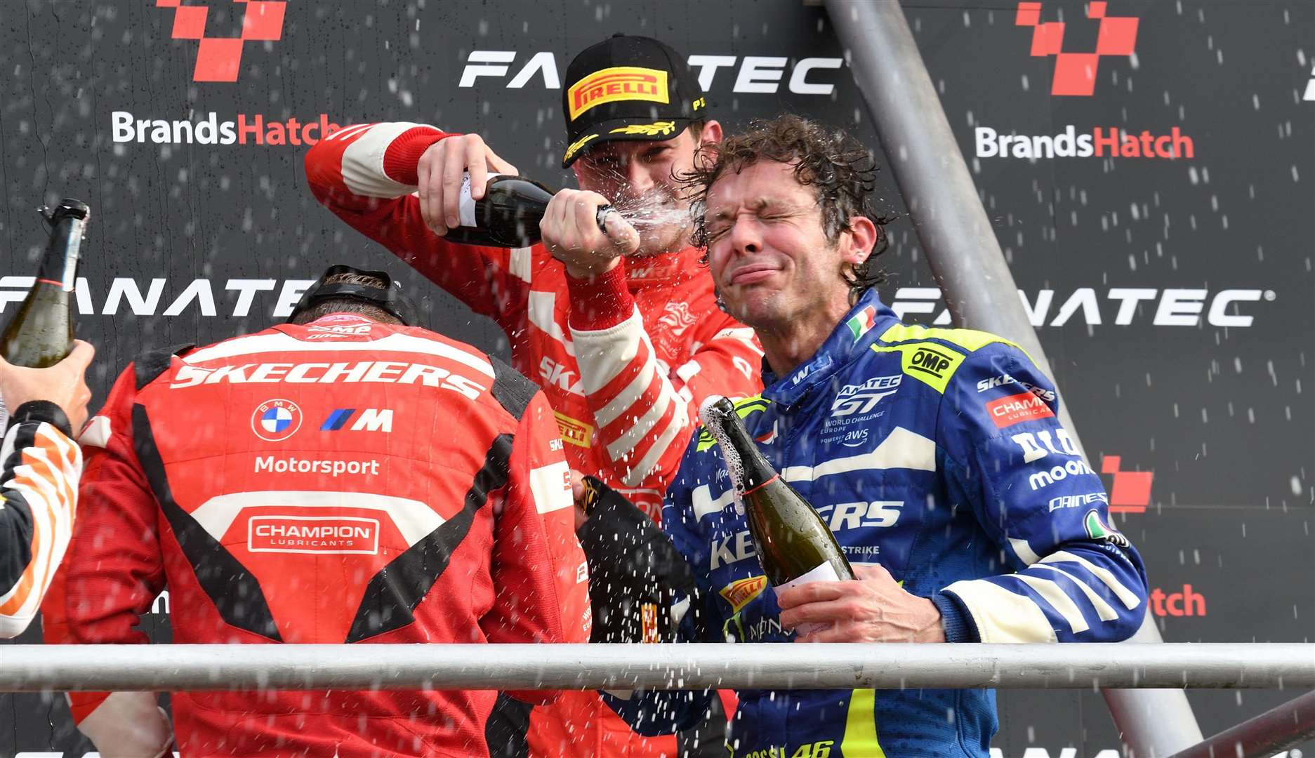 Rossi celebrates with his WRT team-mates. Picture: Simon Hildrew