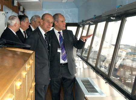 Prince Phillip is given a tour of port control. Picture: PAUL AMOS