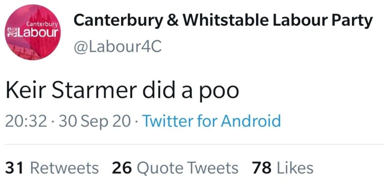 The tweet which claimed the Labour leader "did a poo" was shared widely on social media. Picture: Canterbury & Whitstable Labour Party