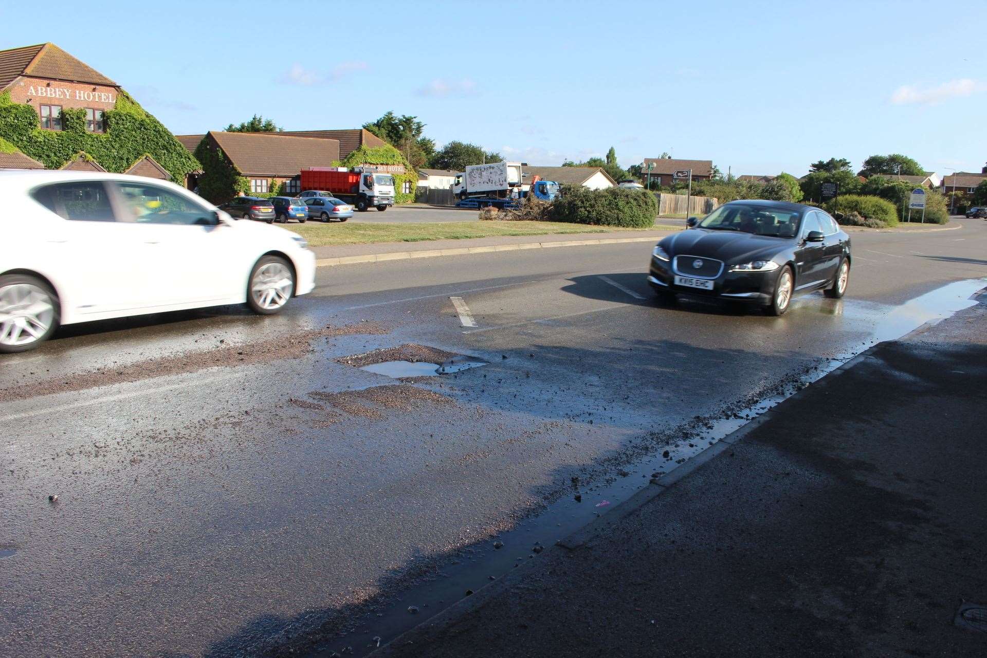 Dangerous pothole caused by a water leak in The Broadway, Minster, near the Abbey Motel (14923929)