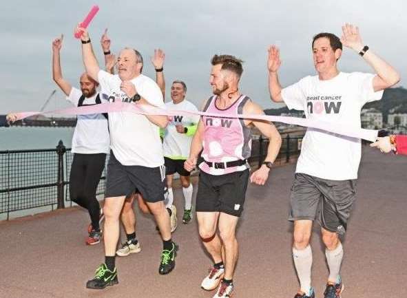 Made it. The six cross the line at Dover after the long relay. Picture courtesy of DFDS