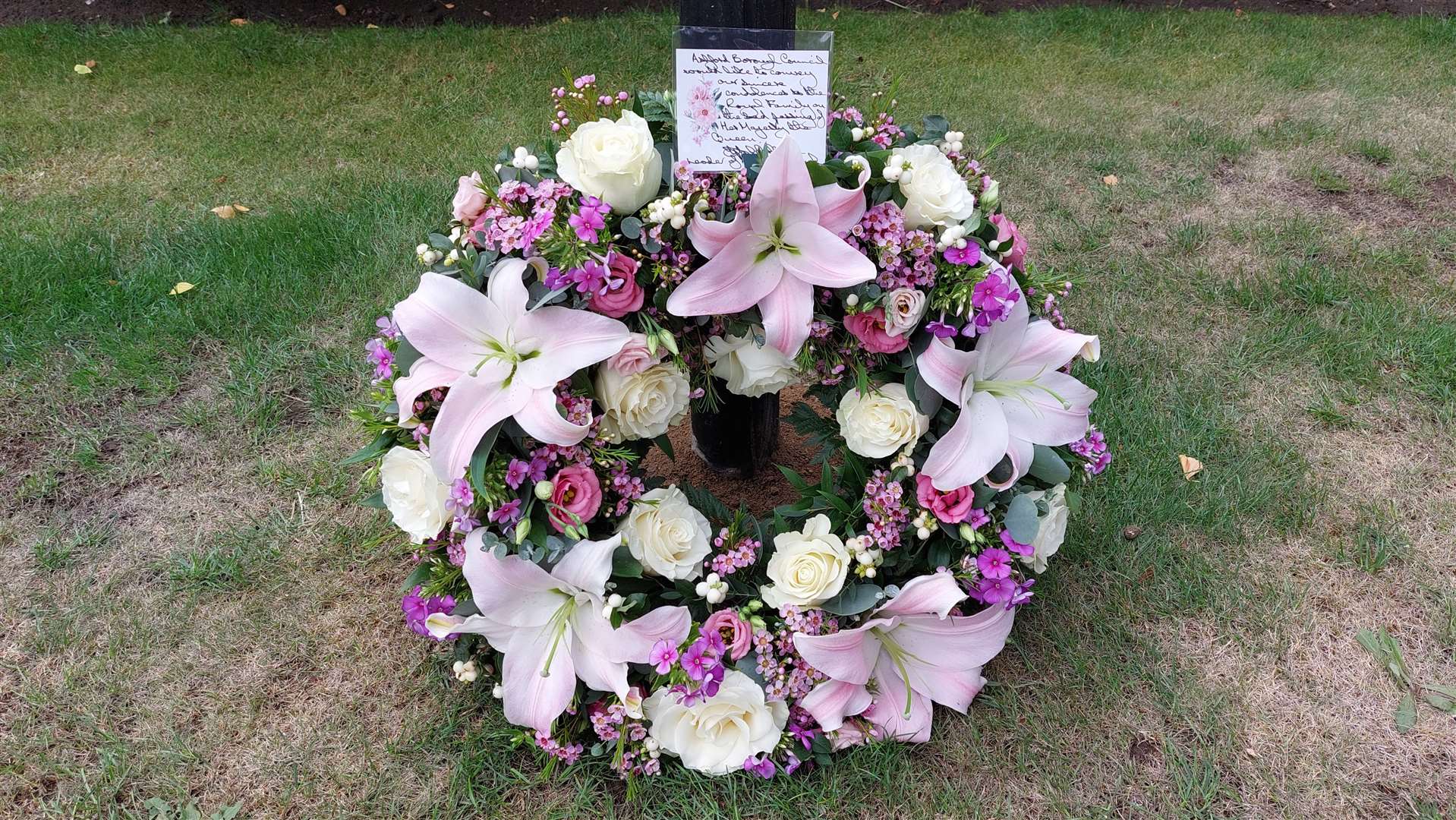 The wreath laid on behalf of the borough of Ashford in the Memorial Gardens
