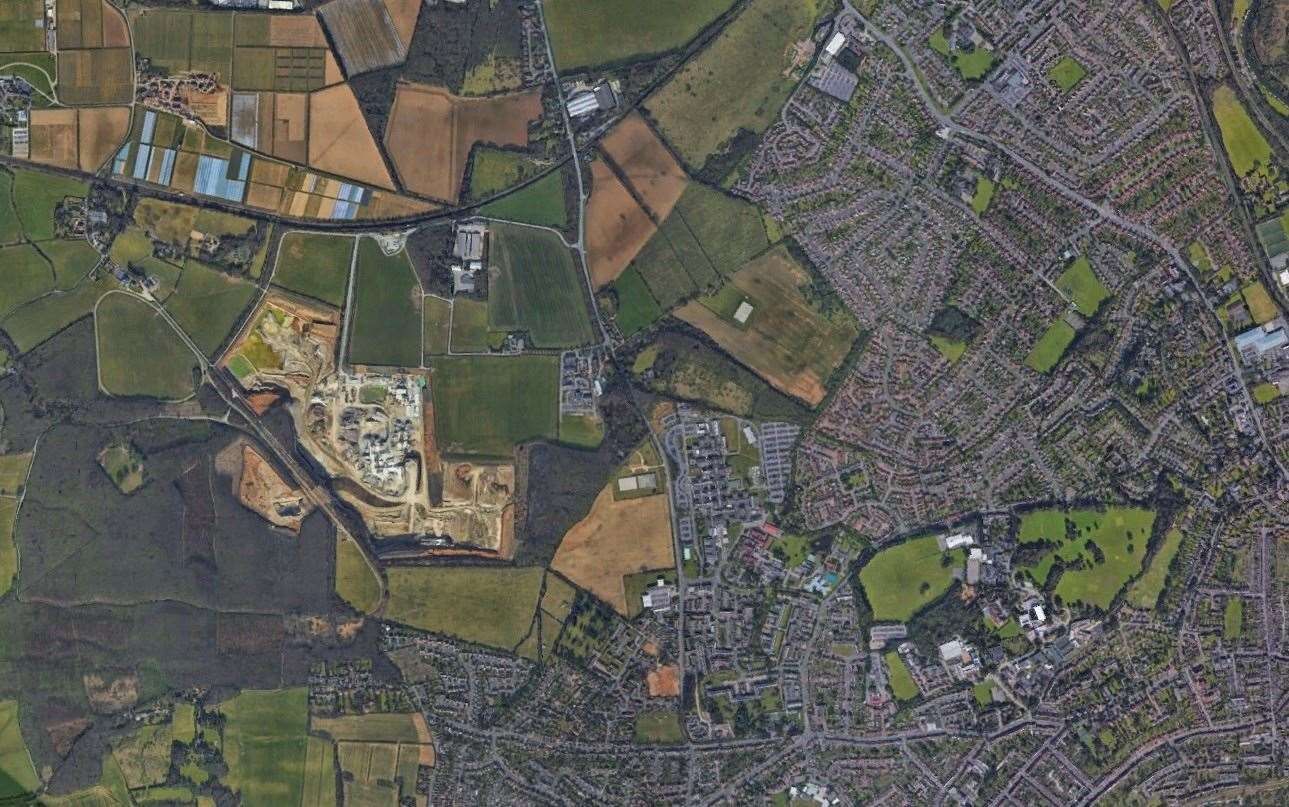 Land around Hermitage Lane, which runs north-south in this view of the land north of Barming, is earmarked for further house-building. Picture: Google Earth