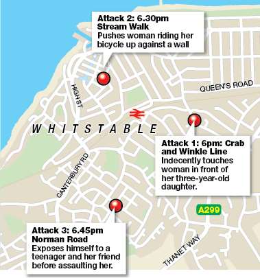 Locations of the sex attack claims in Whitstable
