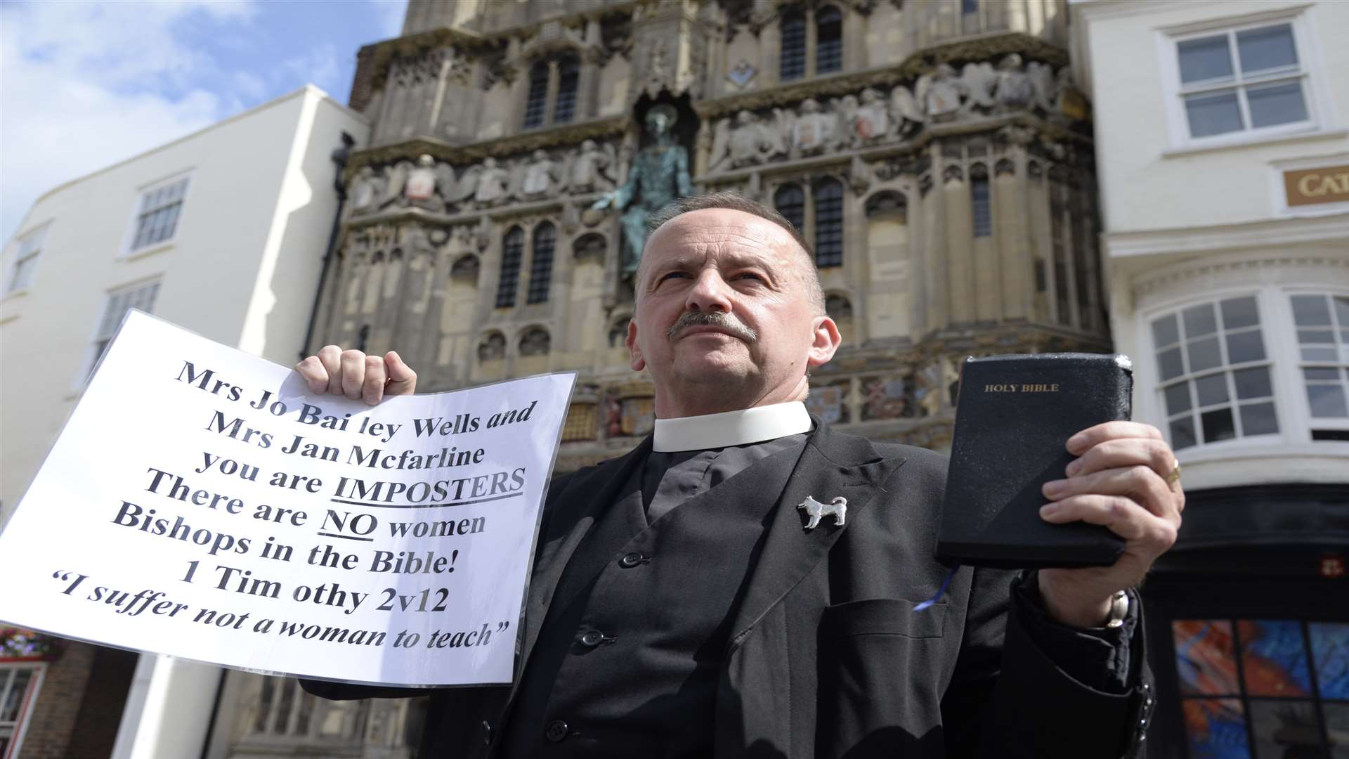 Rev Stephen Holland protesting against the consecration of women bishops outside Canterbury Cathedral