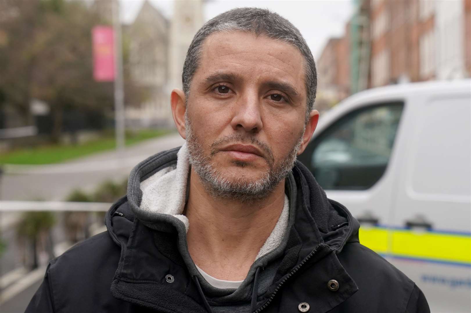 Caio Benicio, a Deliveroo driver, at the scene in Dublin city centre after he witnessed the incident on Parnell Square East (Brian Lawless/PA)