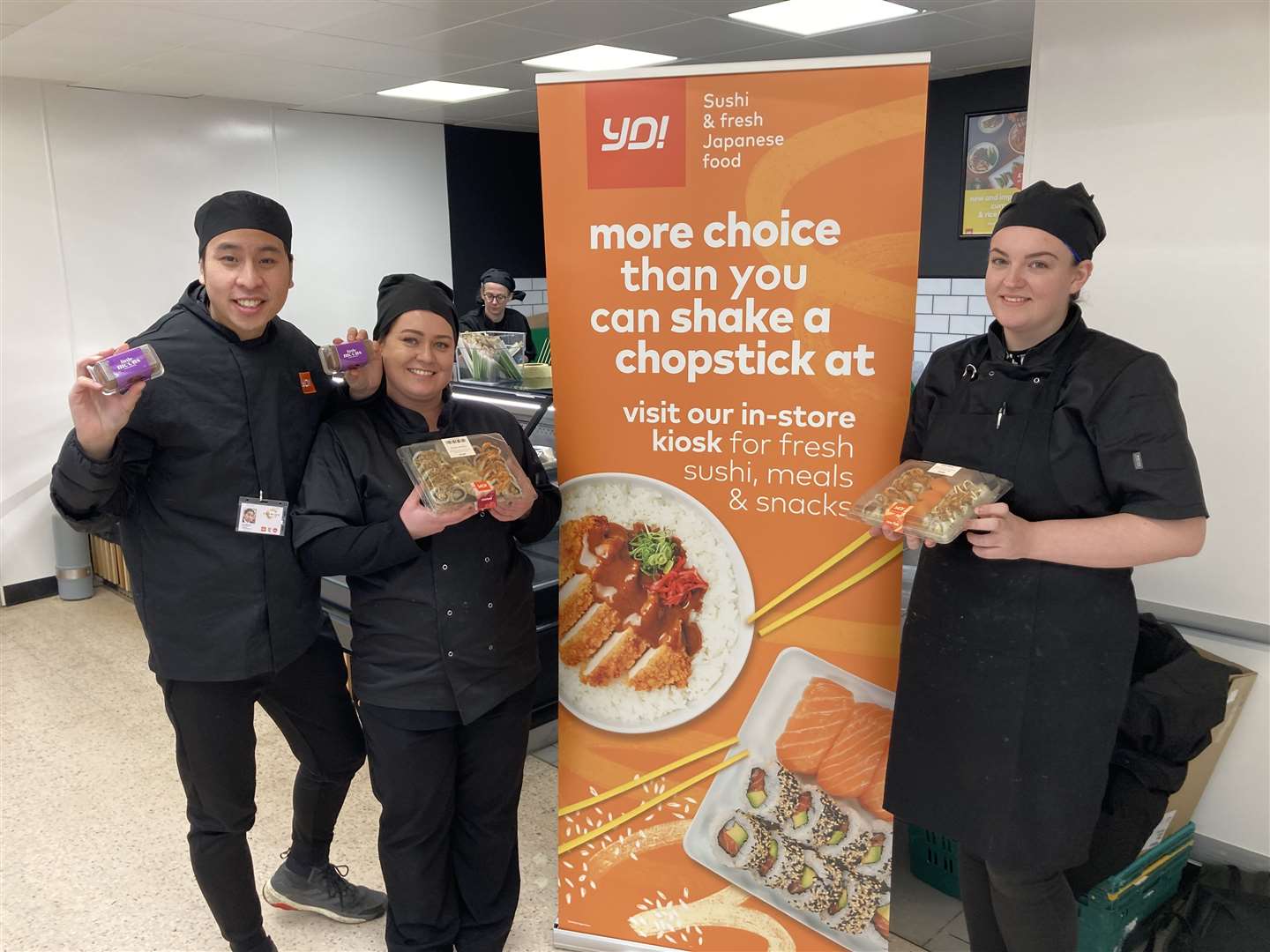 Area manager Chi Ng, left, was at the launch of a YO! Sushi kiosk in Sheerness supermarket with manager Lauren Phillips, centre, and Shannon Panther