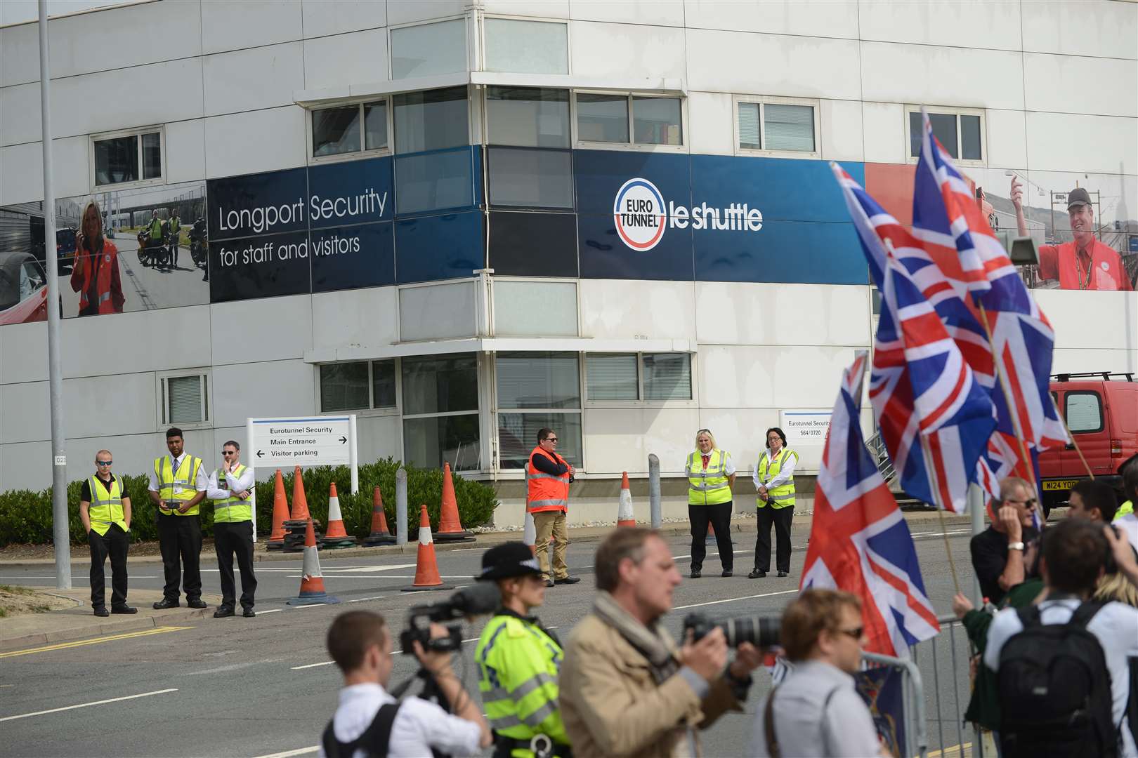 The protesters gathered outside the Eurotunnel terminal