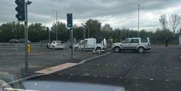 A pedestrian barrier and a set of traffic lights were damaged. Picture: Chris Wilkins