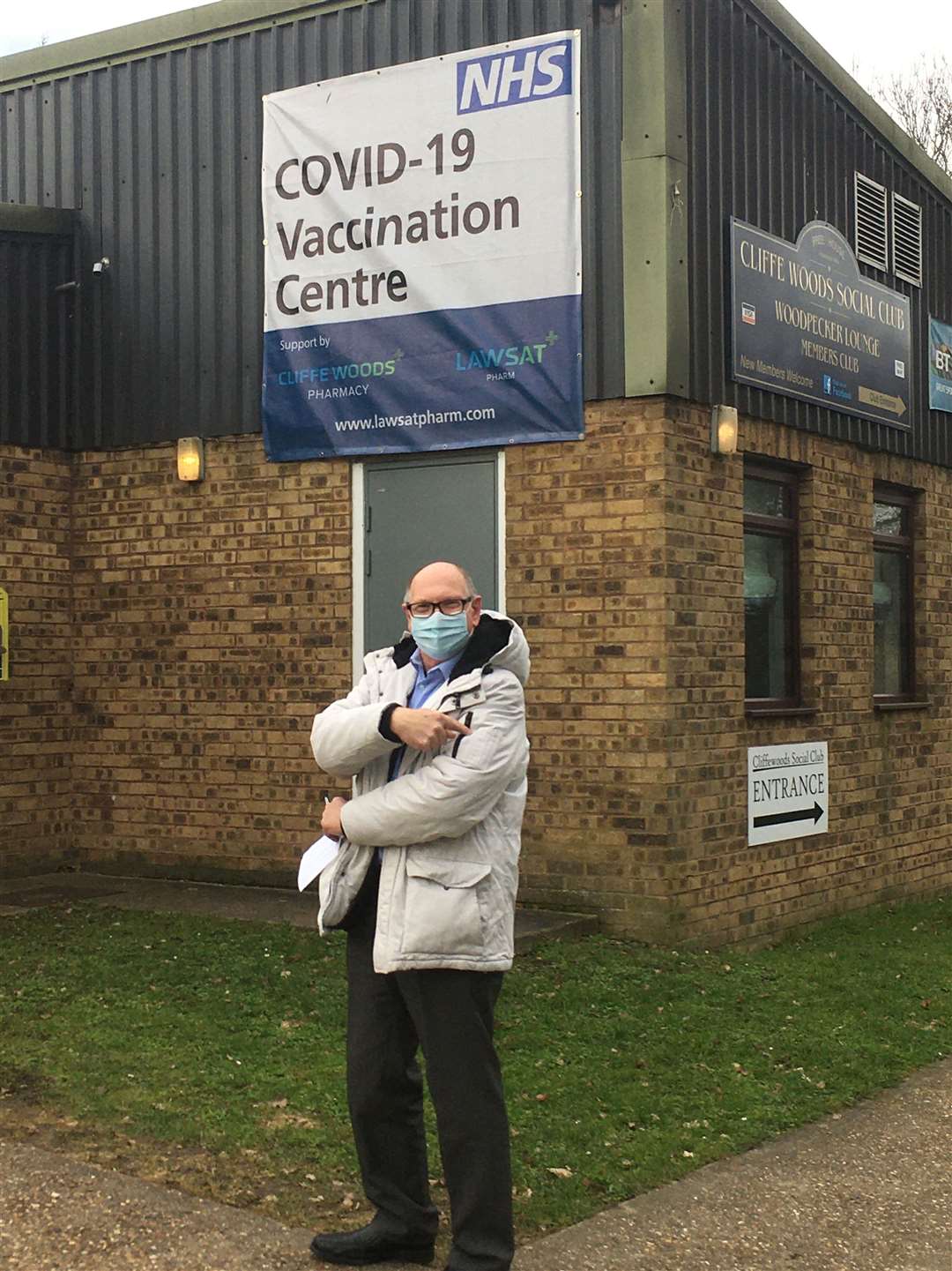 John Nurden about to be jabbed at the Covid-19 vaccination centre at Cliffe Woods Community Centre
