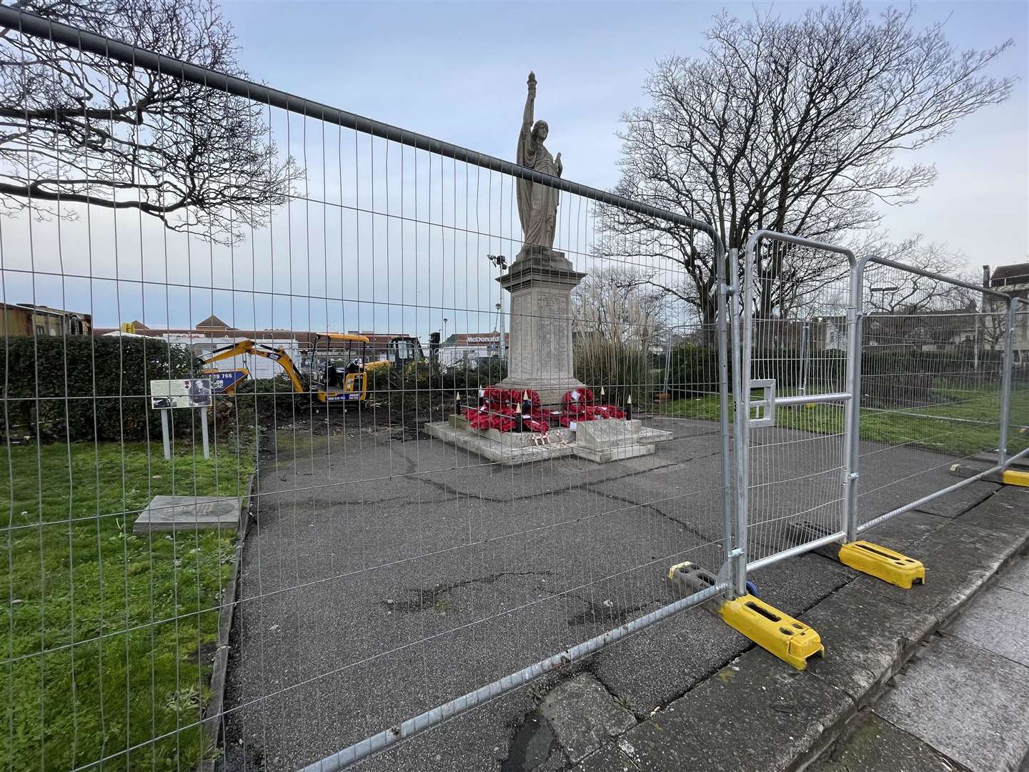Barriers are up as work begins on the new war wall at Sheerness memorial. Picture: Chloe Holmwood
