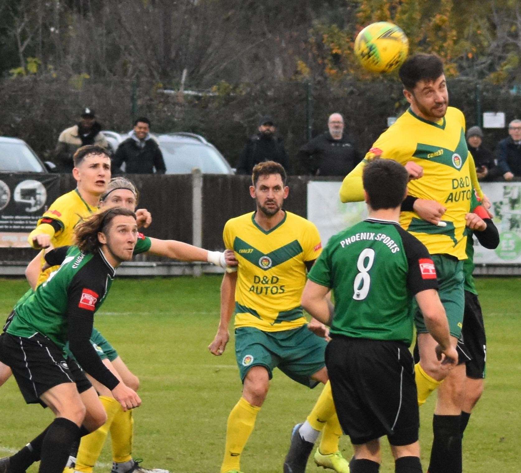 The Nuts & Bolts challenge for the ball in the Phoenix box. Picture: Alan Coomes