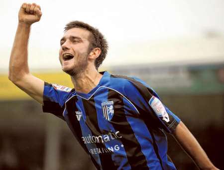 Jack Payne celebrates his goal that turned out to be the winner for Gillingham against Stockport