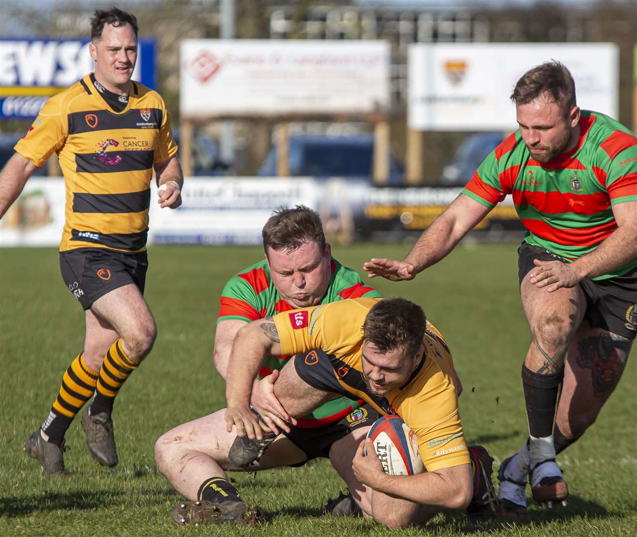 Canterbury's Will Waddington is tackled against Hinckley. Picture: Phillipa Hilton