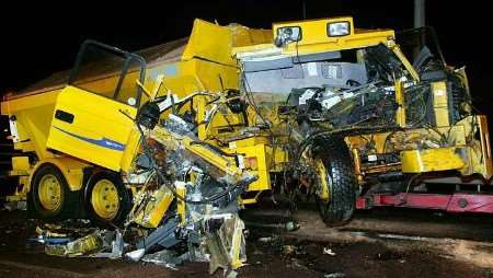 The wrecked gritter lorry involved in the crash. Picture: STEPHEN HUNTLEY
