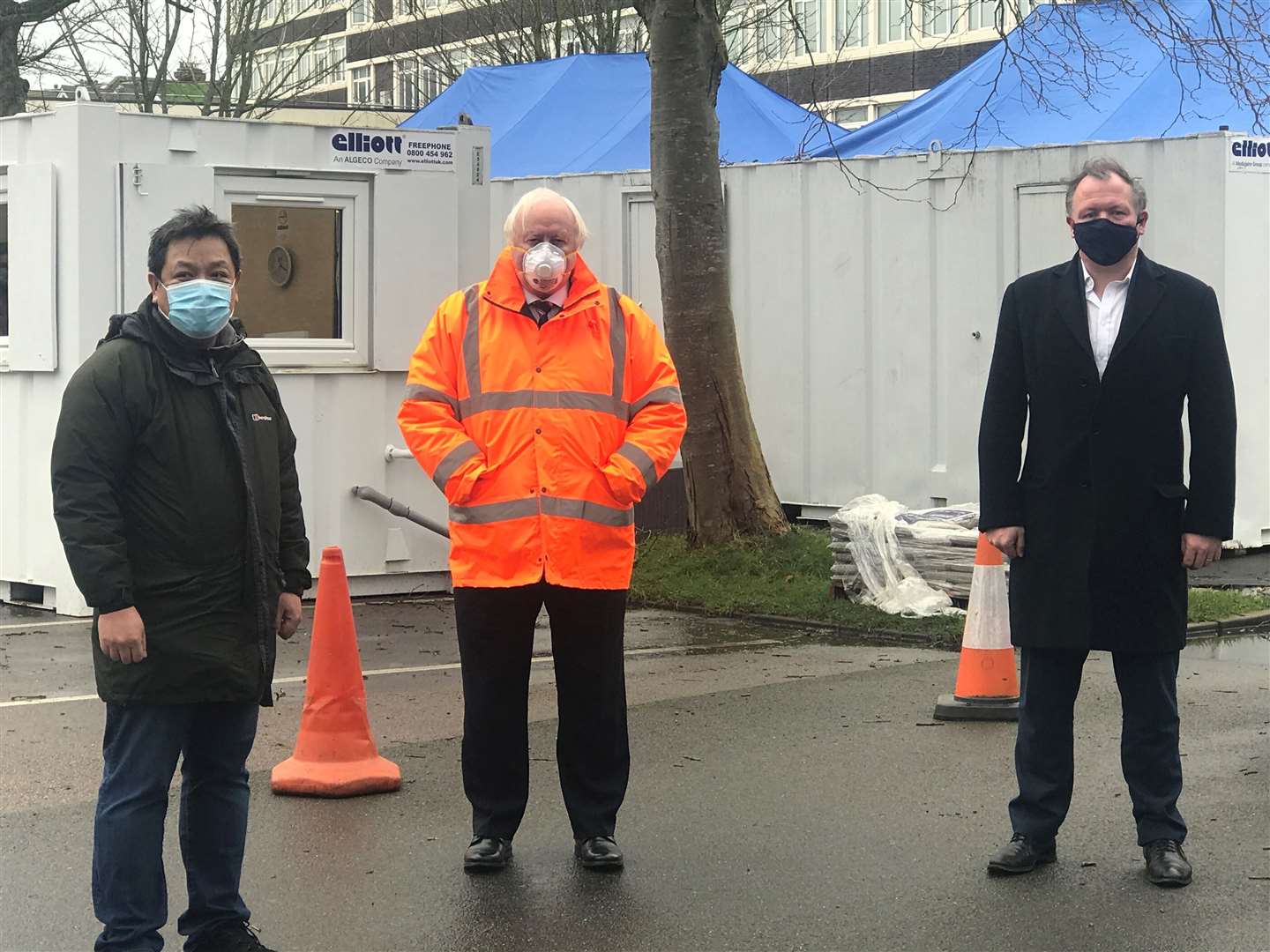 Dr Tuan Nguyen, Cllr David Monk and MP Damian Collins at the Civic Centre vaccine site in Folkestone. Picture: Damian Collins Twitter