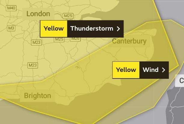 There are two yellow weather warnings in Kent today for wind and thunderstorms. Picture: Met Office