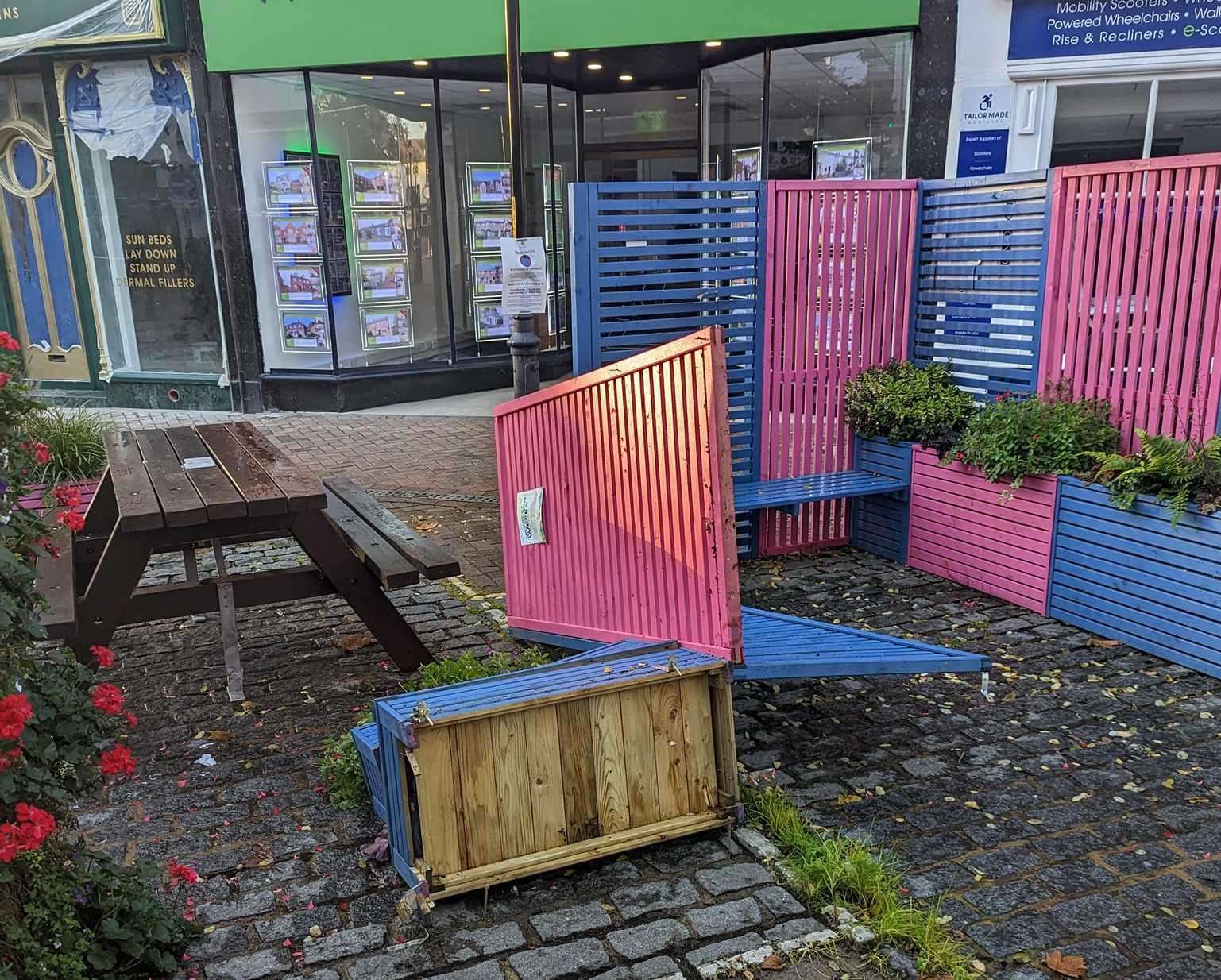 The temporary benches in Ashford have been vandalised. Picture: Heather Atthow