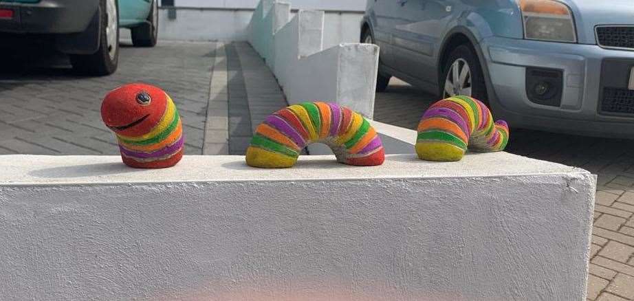Charlotte Robinson and her family from Medway made this concrete rainbow worm to cheer up passers-by